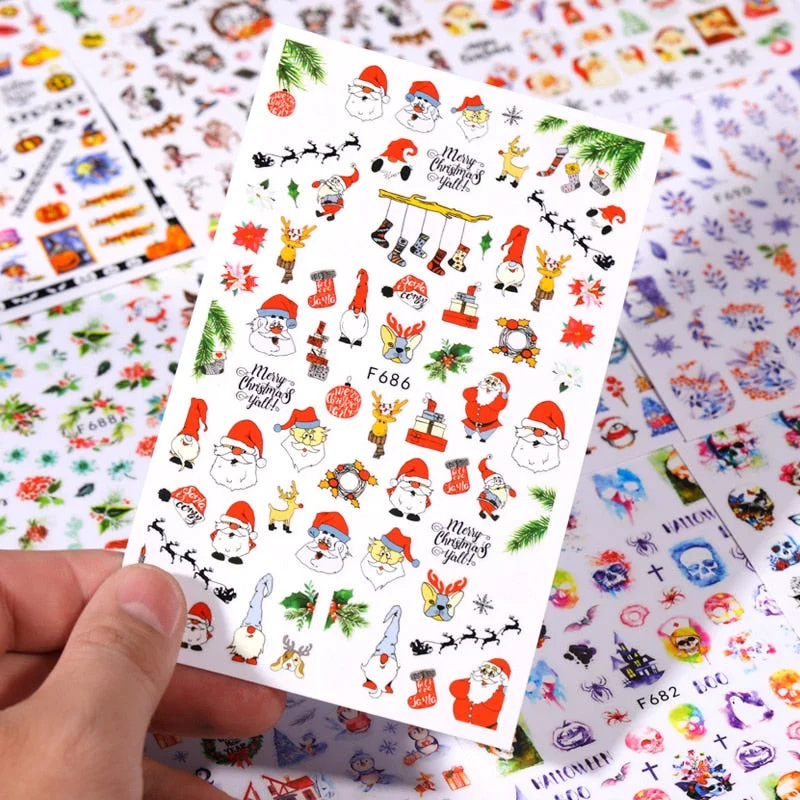 3D Christmas Nail Art Decoration Stickers Halloween Pumpkin Skull Geometry Snowflake Winter Design Slider Nail Foils Manicures-Nail Inspo