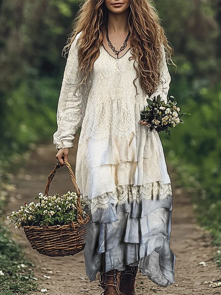 Utbros Vintage Floral Lace Layered Flowy Linen Blend Maxi Dress