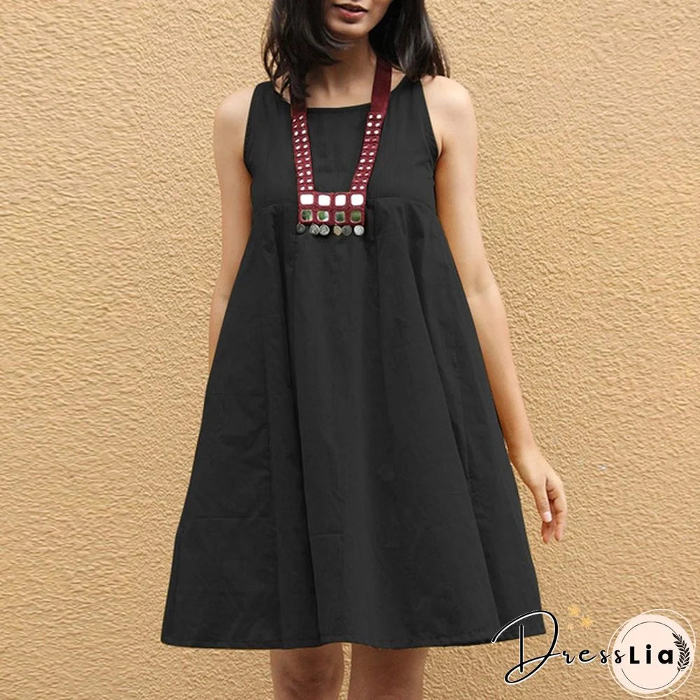 Women Sleeveless Mini Dress Summer Cotton Party Casual Loose Pleated Dress Plus Size Clothes