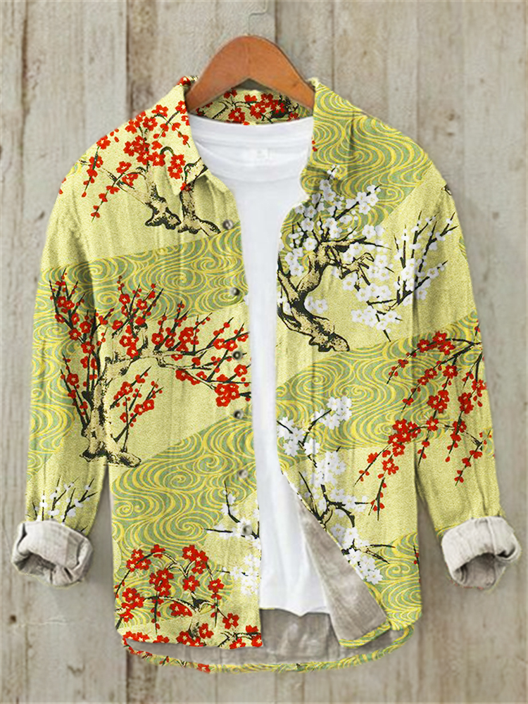 menweary Plum Blossom Japanese Art Linen Long Sleeve Shirt