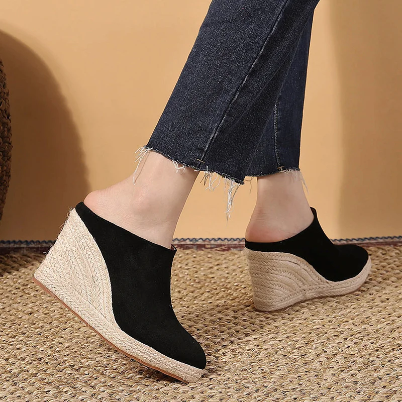 Wongn Wongn And Autumn New Pointed Slope With Thick Bottom High Heel Head Drag Women's Single Shoes After Empty Straw Hemp Rope Bottom