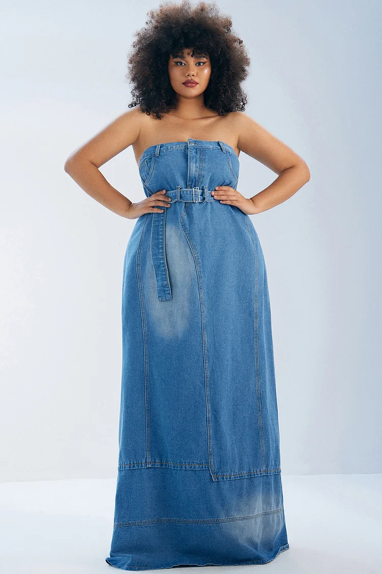 Xpluswear Design Plus Size Daily Maxi Dresses Blue   Strapless Asymmetric Hem Denim Maxi Dresses