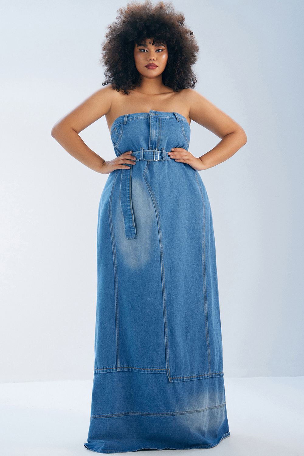 Design Plus Size Daily Maxi Dresses Blue Fall Winter Strapless Asymmetric Hem Denim Maxi Dresses [Pre-Order]