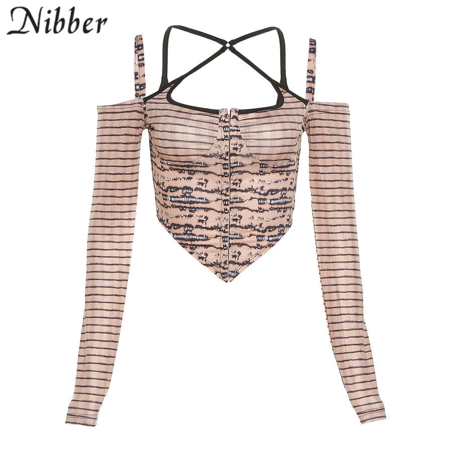 Nibber Vintage Button Striped Y2K Women Top Skinny Shaped Waist Criss Cross Long Sleeve Corset Top Slim Female Streetwear