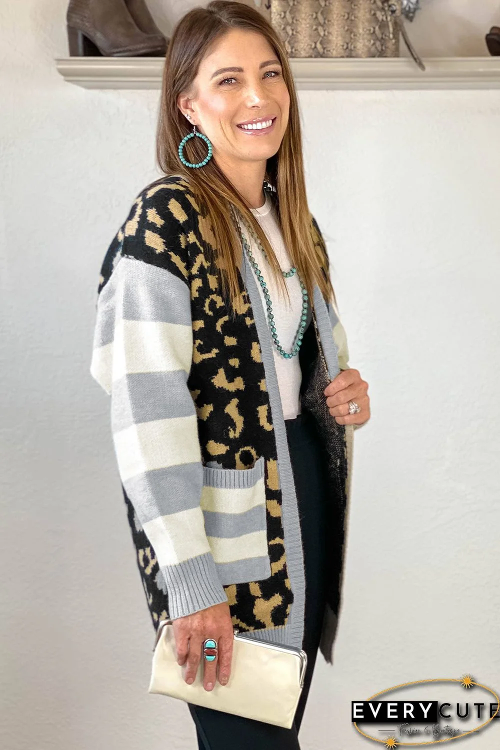 Leopard Print Cardigan with Striped Sleeve