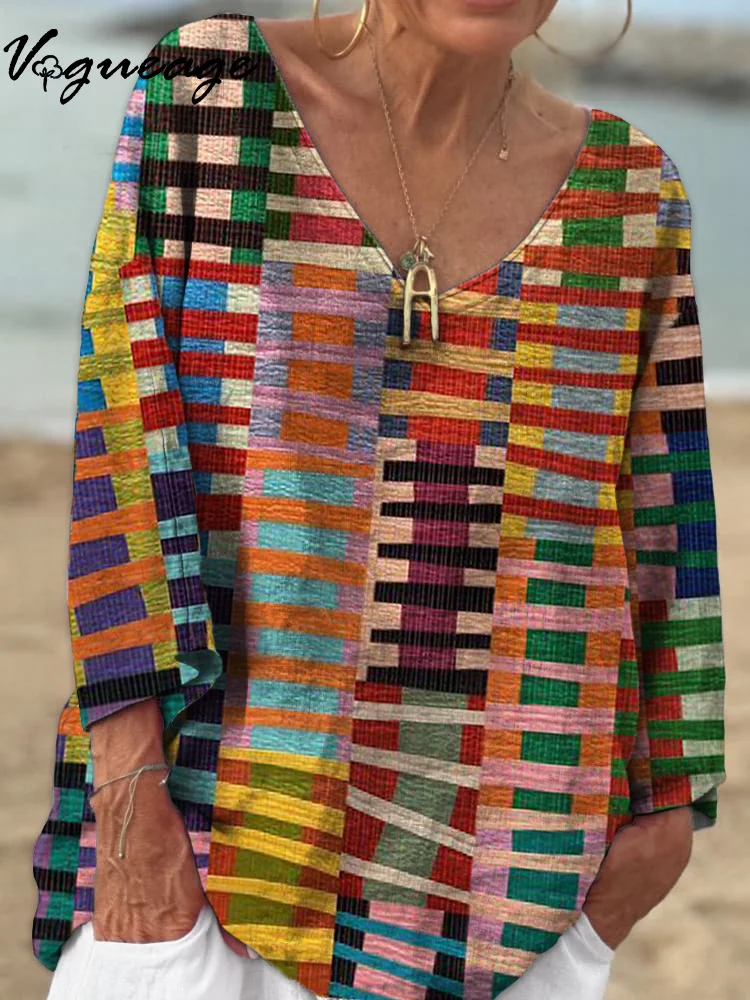 Multicolor Patchwork Color Block Plaid 3/4 Sleeves Printed Cotton And Linen Shirt