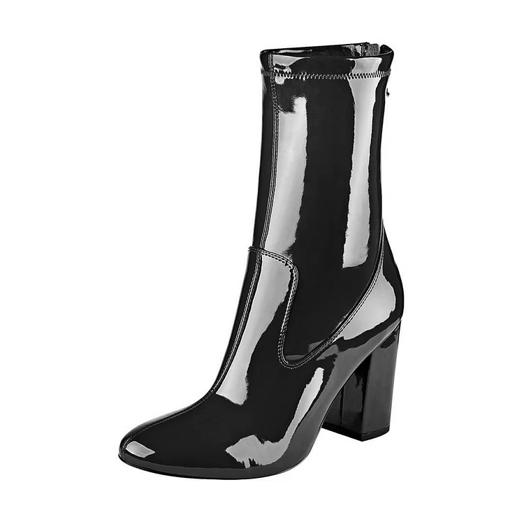 Women's Black Patent Leather 4 Inches Chunky Heel Boots |FSJ Shoes