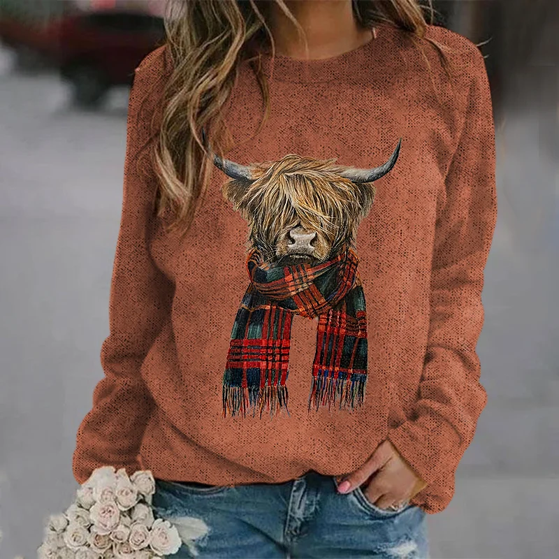 Vintage Scottish Highlander Highland Cow Pattern Print Ladies Sweatshirt