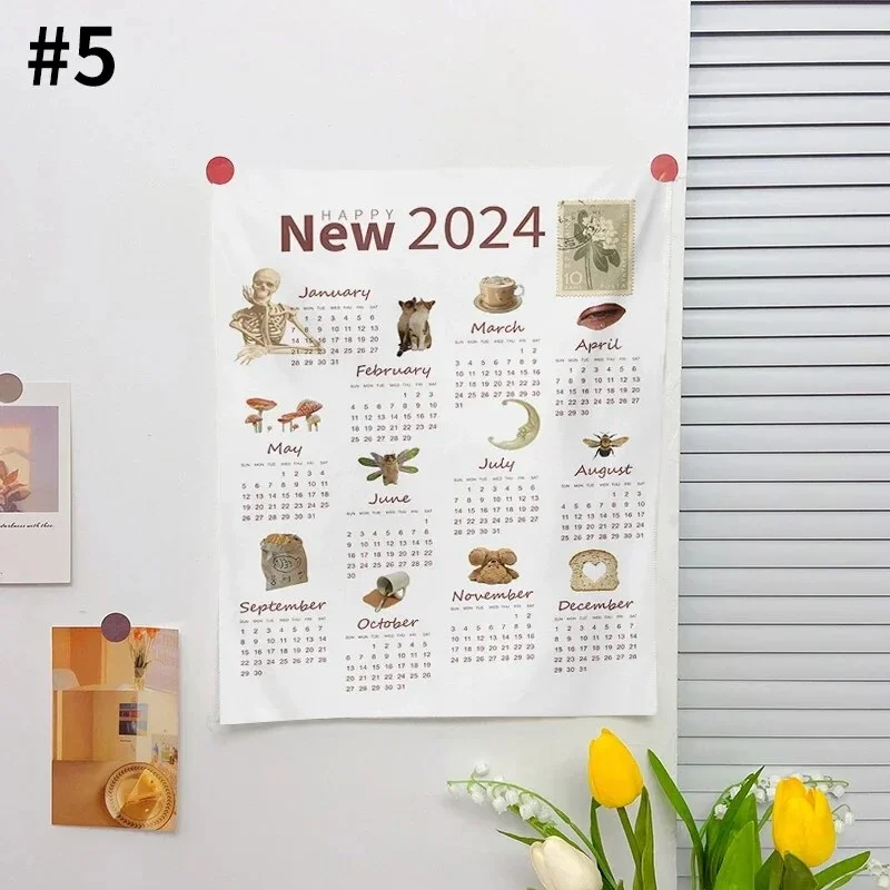 Athvotar Hanging Cloth Wall Calendar Small Tapestry Cartoon Calendar Tapestries Bedroom Background Fabric Decorations 2024 달력 태피스트리