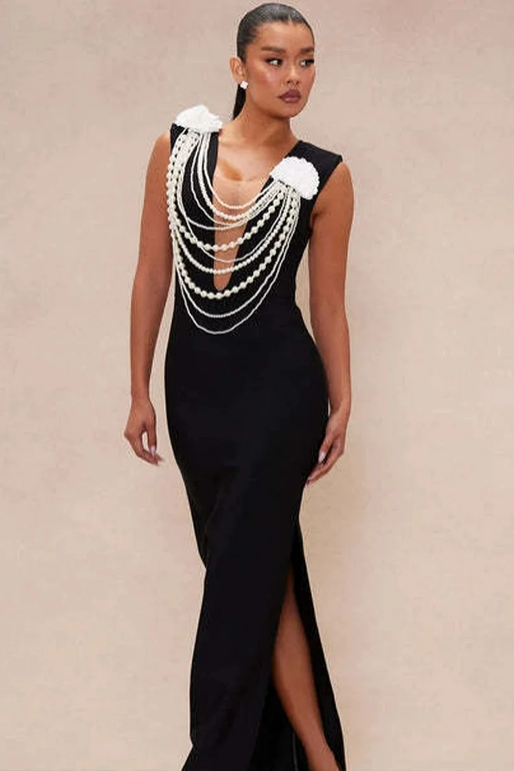 Deep V Neck Beaded Chain 3D Floral Maxi Dress-Black