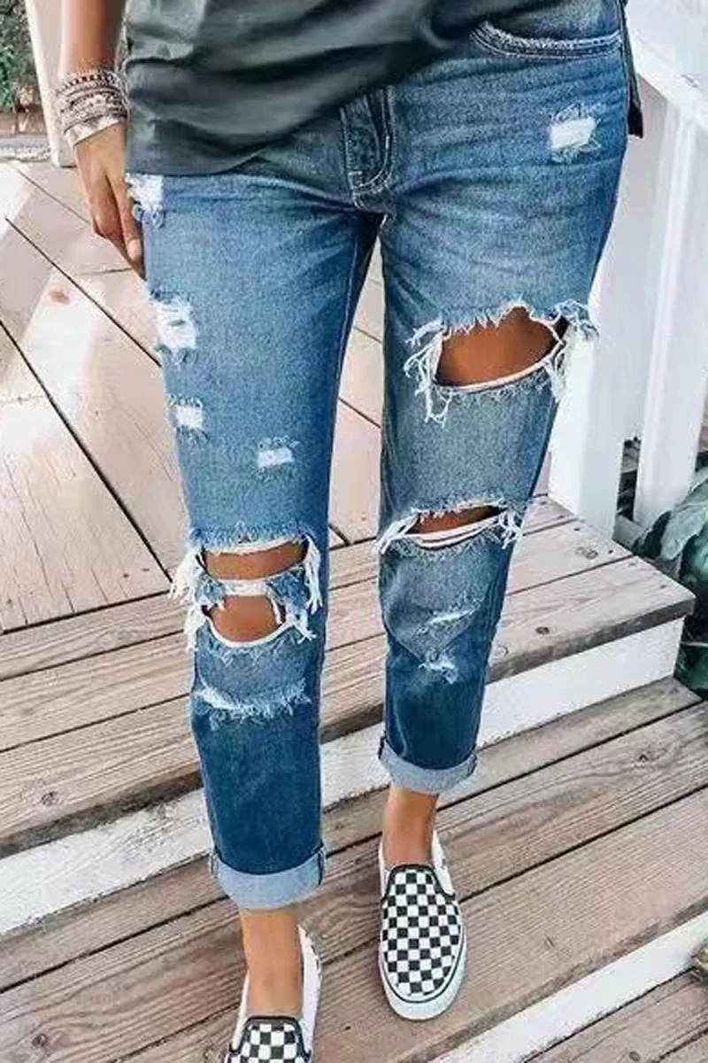 Denim Hole Distressed Beading Jeans