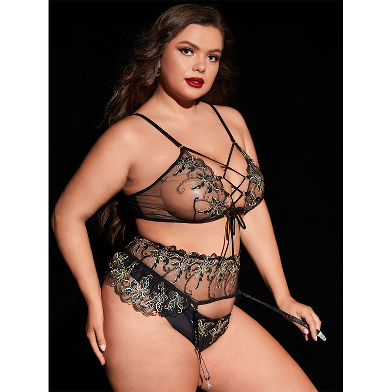 Lovingerie - Large Size Set of Erotic Lingerie Sexy Black Mesh with Embroidery Bra Panties Suspender Stockings