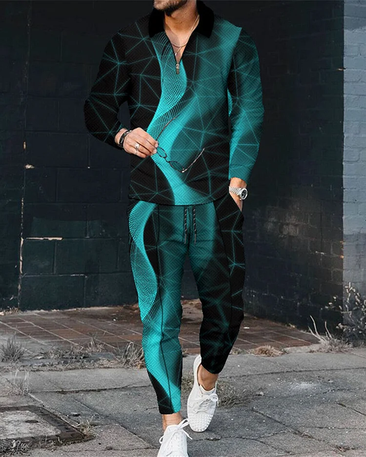 Men's Phantom Long Sleeve Zipped POLO Trousers Set  0276