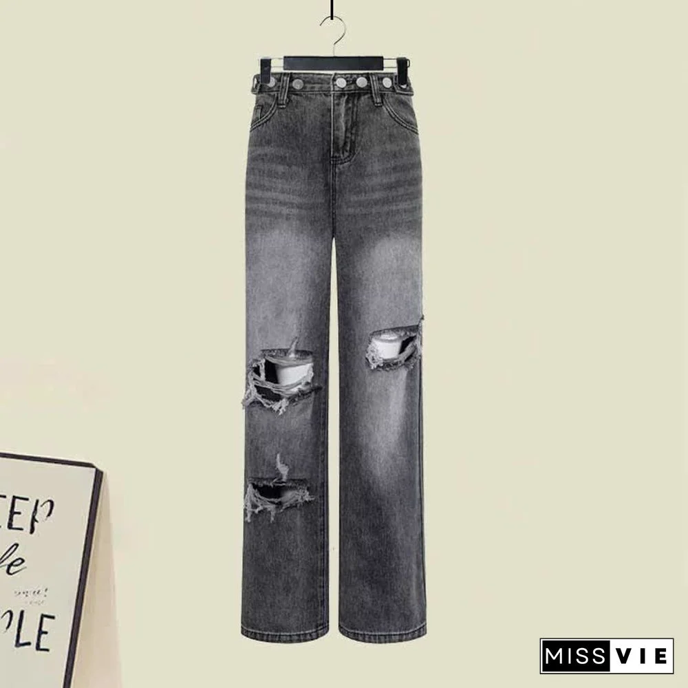 Chic Cross Knit Sweater Lapel Shirt Ripped Denim Pants