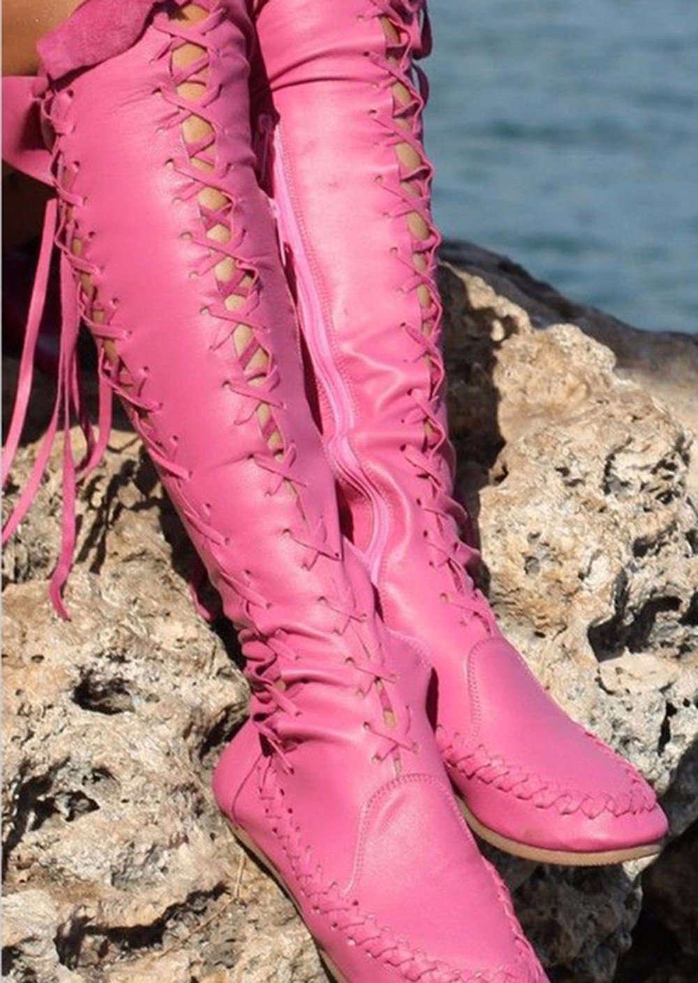 VCSHOES Lace Up Round Toe Flat Overknee Boots