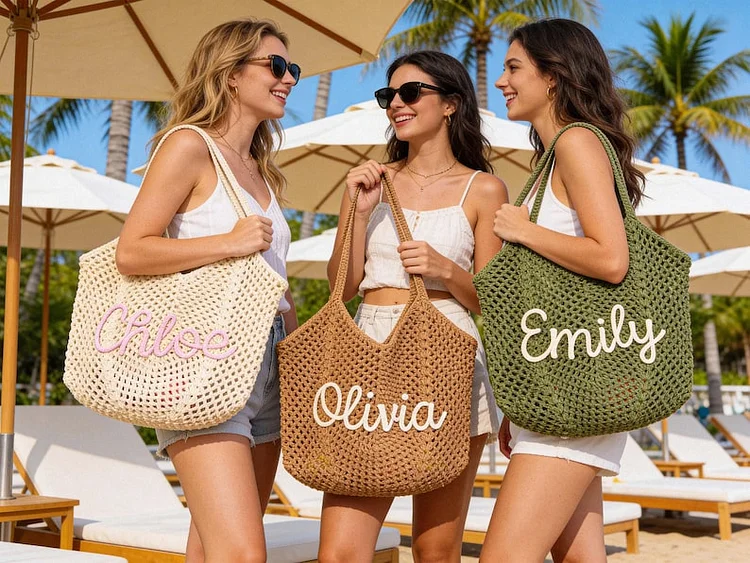 Personalised Straw Knitted Beach Bag and Crochet Tote - Unique Bridesmaid Gift Bags, Travel Wedding Favor, Bachelorette Trip Present