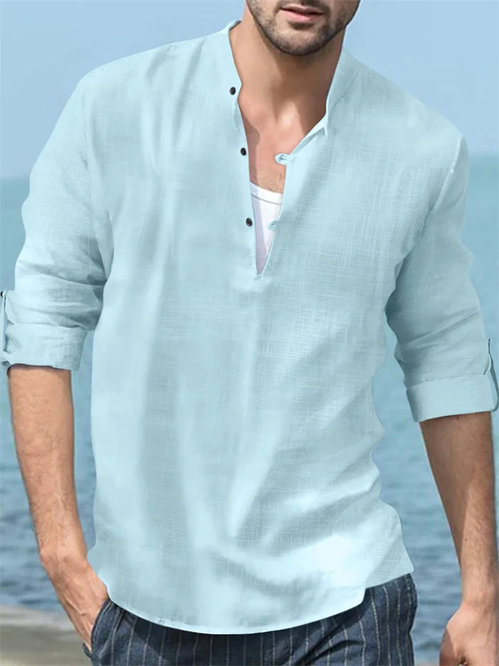Men's Linen Shirt Stand-up Collar Long-sleeved Casual Beach Shirt Solid Color S M L XL 2XL