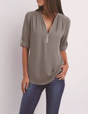 V-neck zipper sleeveless loose chiffon shirt