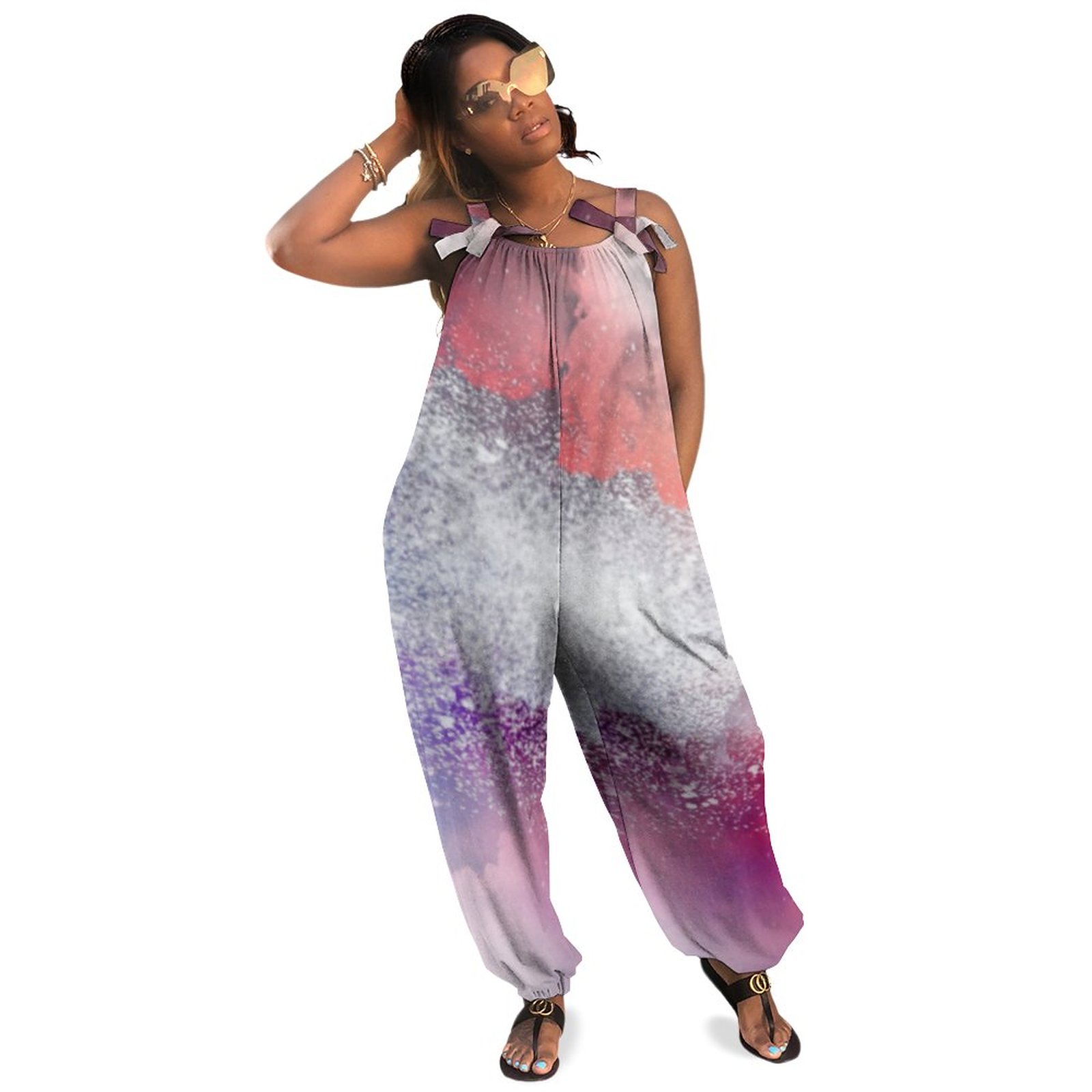 Abstract Celestial Pink Silver Burgundy Chic Cool Women Plus Size Jumpsuit Summer Loose Harem Pants Wide Leg Jumpsuit Prom Jumpsuit Casual Long Length Polyester Spandex