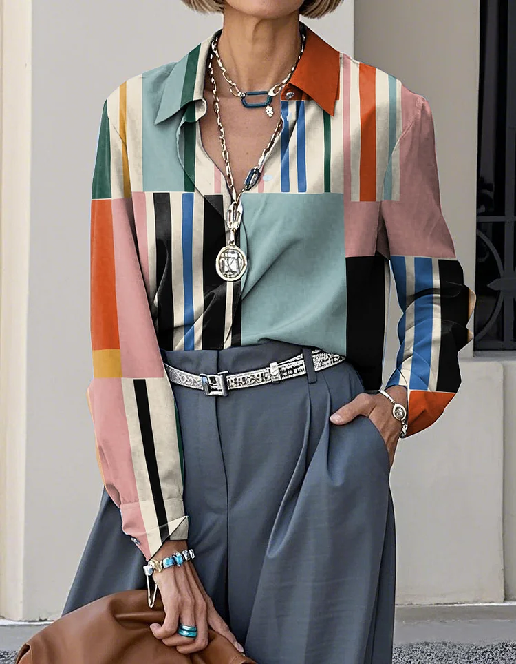Elegant Abstract Geometric Art Print Lapel Casual Long Sleeve Shirt