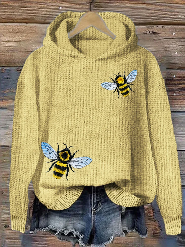 Comstylish Fringed Bee Cute Honeybee Insect Embroidery Cozy Knit Hooded Sweater