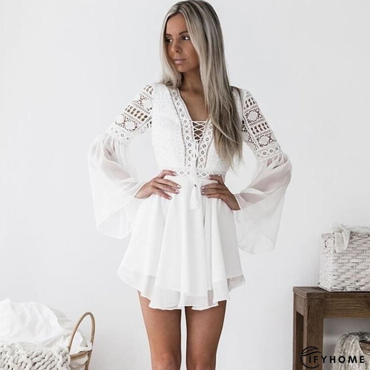 Hollow Out Chiffon Dress Cross Bandage Lace V-Neck Long Sleeve Dress | IFYHOME