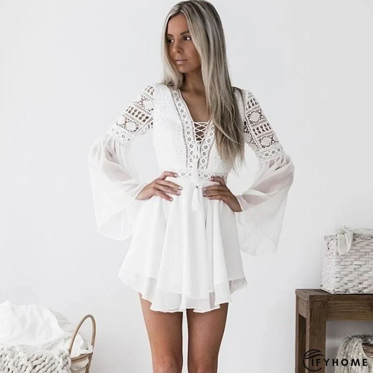 Hollow Out Chiffon Dress Cross Bandage Lace V-Neck Long Sleeve Dress | IFYHOME