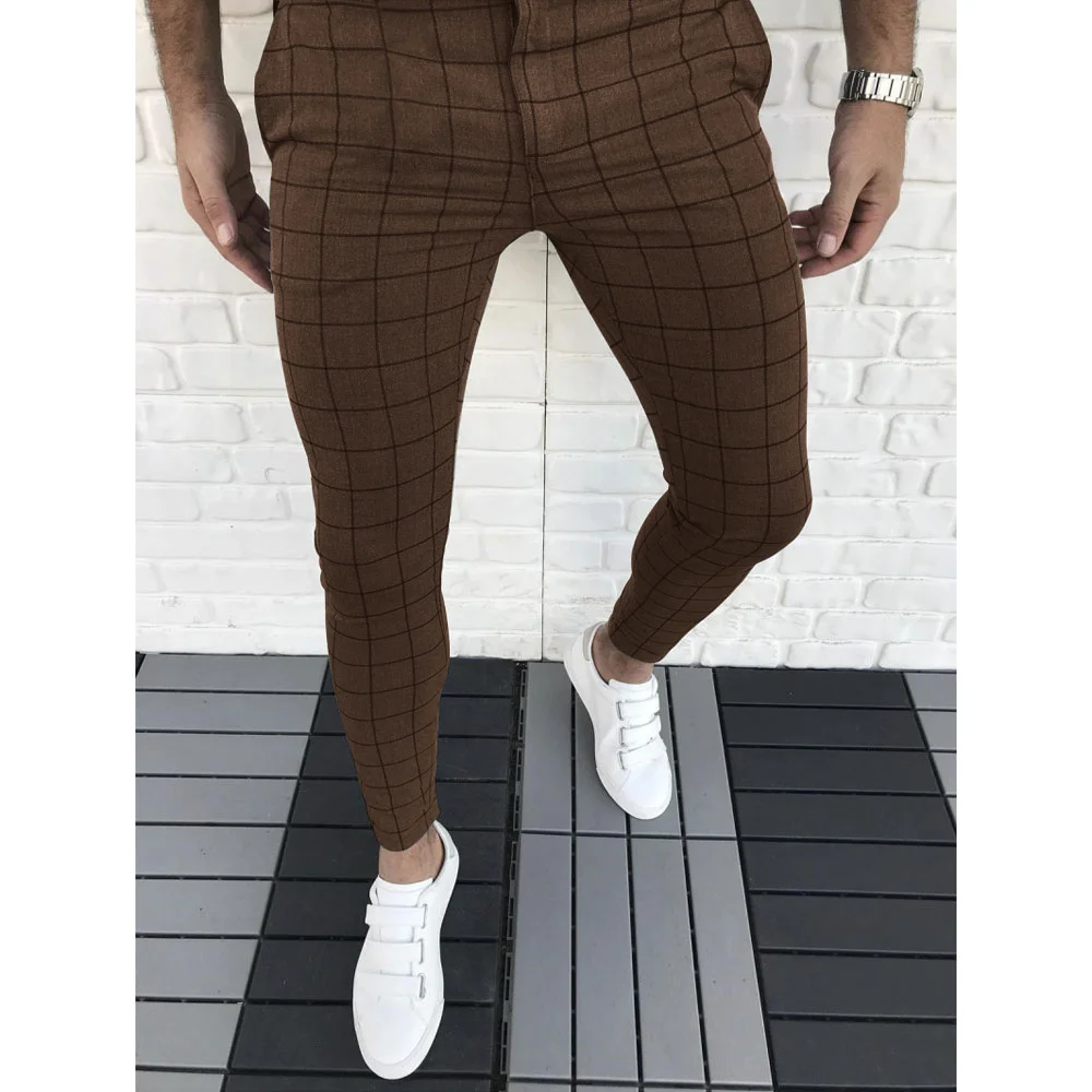 Men's Casual Plaid Pant Straight Sport Mens Pant Skinny Plaid Slim Fit Pants