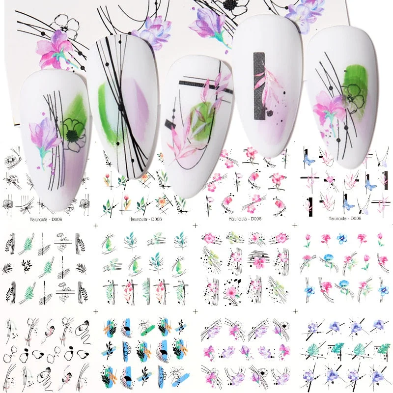 12Designs Spring Theme Geometric Flower Leaves Nail Stickers Set Face Image Butterfly Fruit Decals Sliders Manicures Decoration