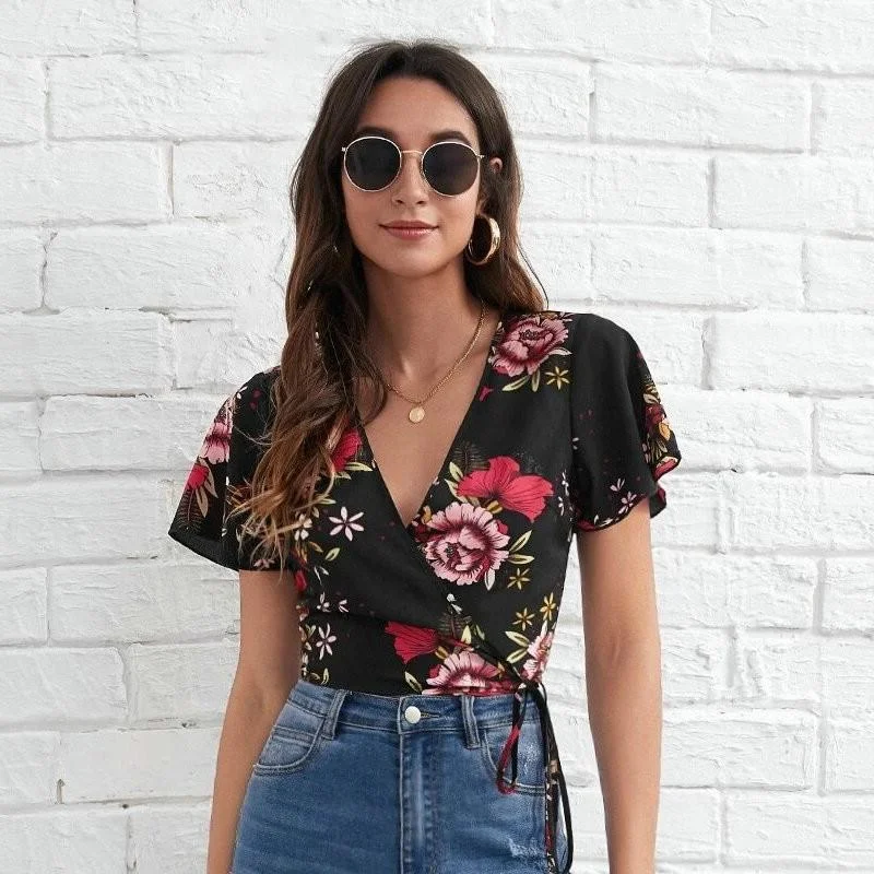 Jangj Floral Wrap Tie Side Blouse Women Summer Deep V-neck Short Sleeve Floral Crop Top Thin Butterfly Sleeve Loose Blouses