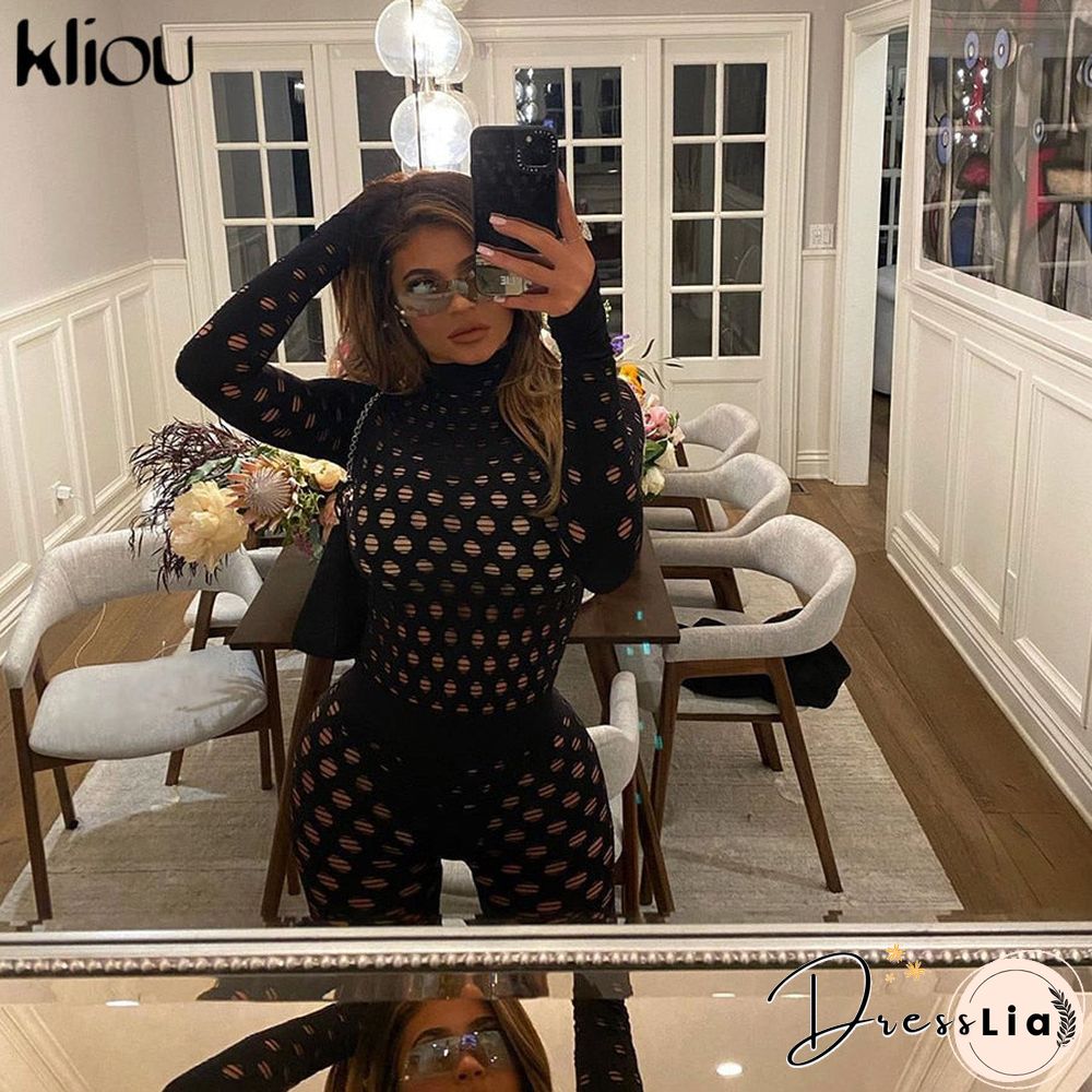 Kliou See Through Hollow Out Sexy Zipper Jumpsuit Women Turtleneck Net Plaid Hole Skinny Elastic Club Streetwear Rompers