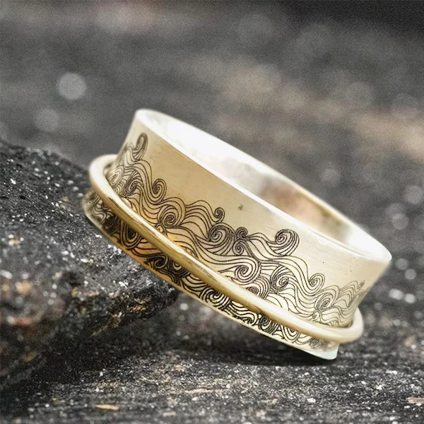 Engraved Sea Wave Revolving Love Ring | Spinner Inspiration Ocean Ring