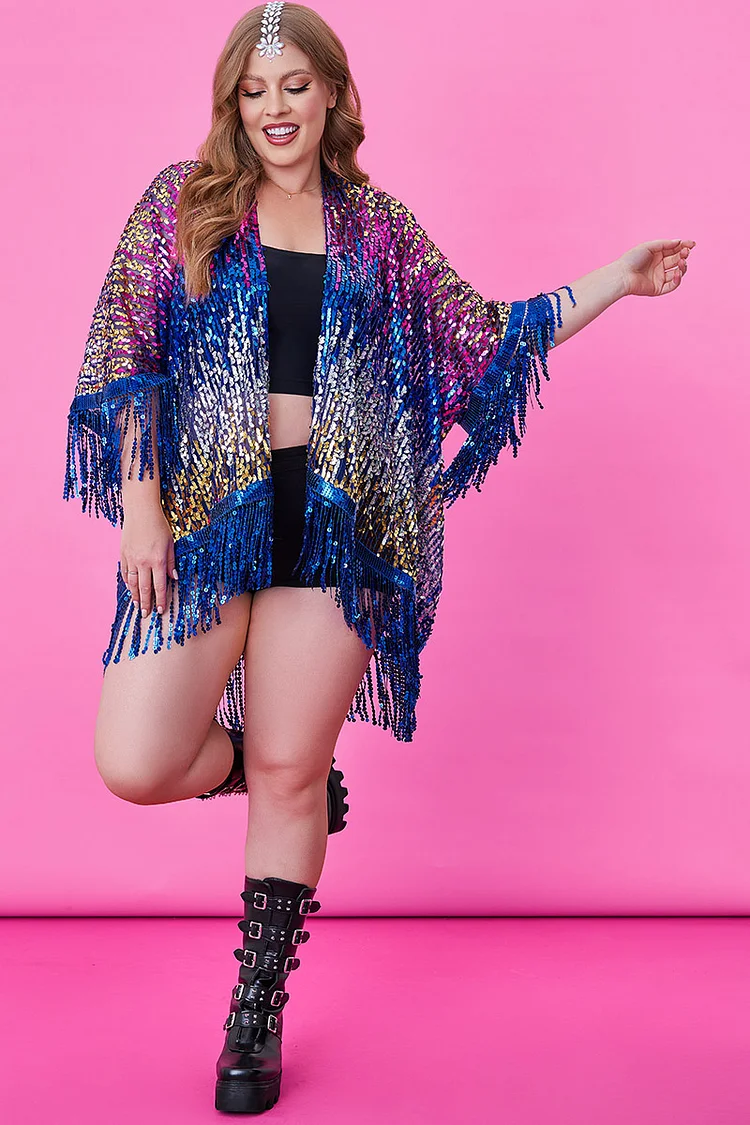 Xpluswear Design Plus Size Royal Blue Party Sequin Fringe Kimono Cardigans