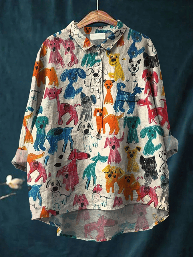 Womens Puppy Print Casual Cotton And Linen Shirt