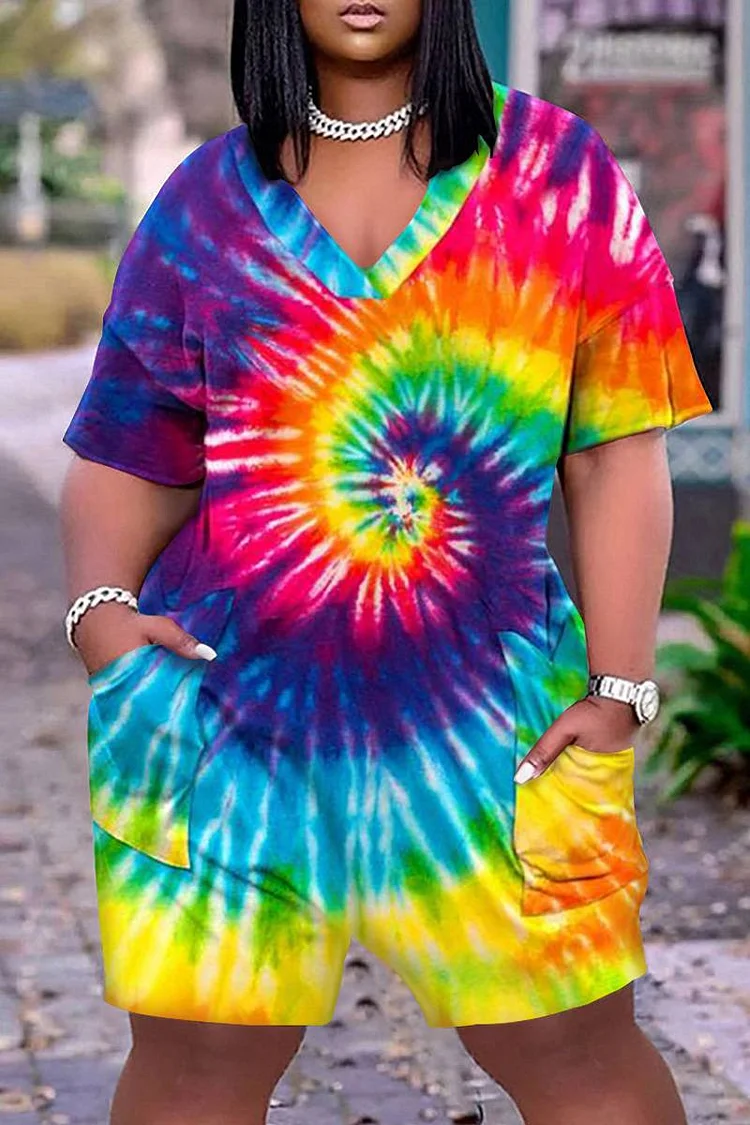 Xpluswear Plus Size Multicolor Daily Tie-dye Print V-neck With Pocket Rainbow Rompers [Pre-Order]