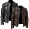 Men's Leather Stand Collar Zipper Punk Motorcycle Style Jacket Coat