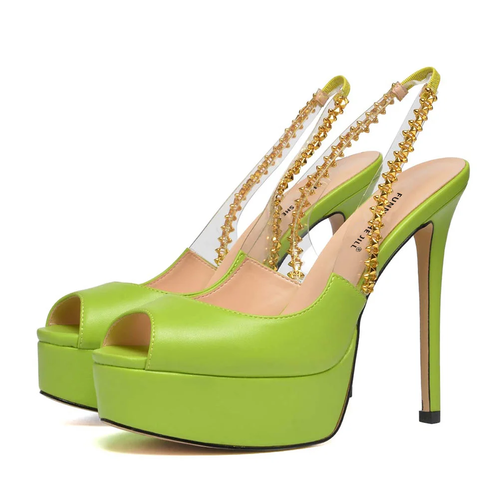 Grass Green Platform Peep Toe Sandals Slingback Stiletto Heels With Chain