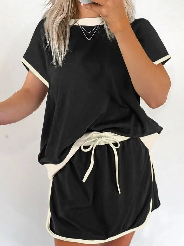 WOMEN'S COLORBLOCK EDGE DROP SHOULDER T-SHIRT SKORT 2PCS SET (BUY 2 FREE SHIPPING) 