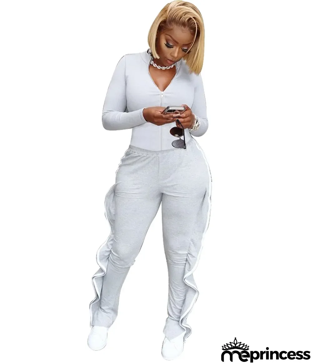 Autumn Casual Solid Plain Zipper Top and Ruffle Pants Set
