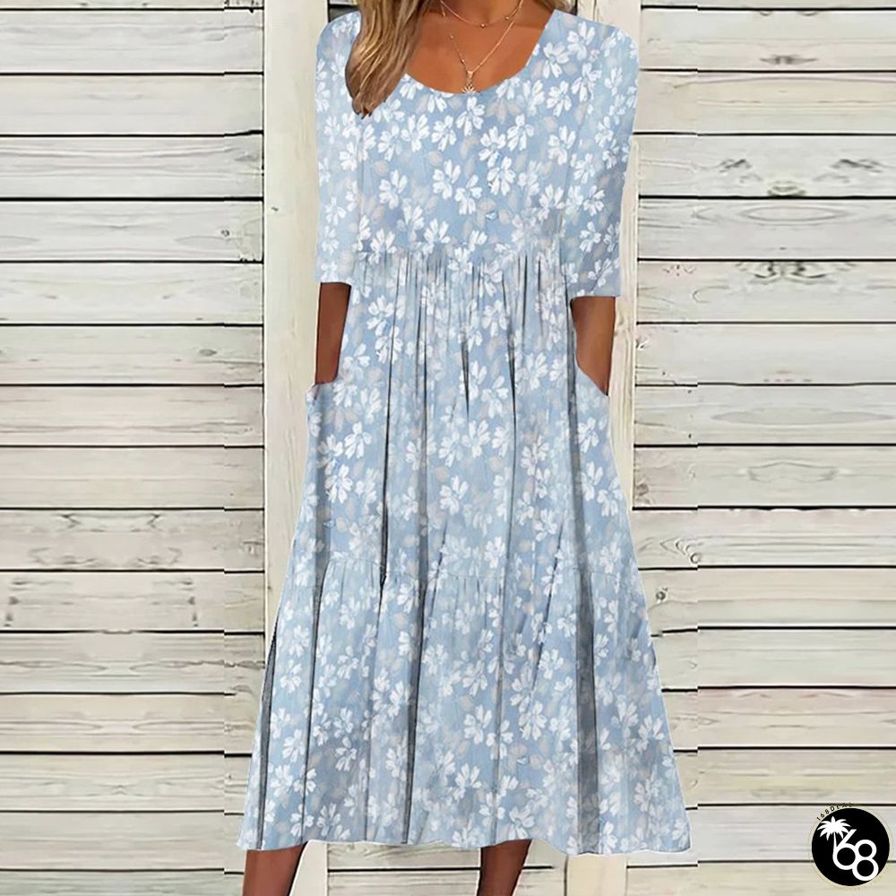 Fresh Blue Ditsy Floral Print Half Sleeve Midi Dress | 168DEAL