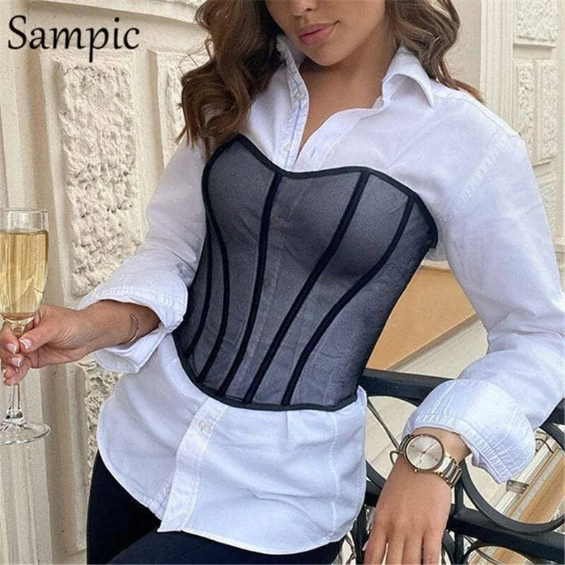 Sampic Chic 2021 Summer See Through Underwire Tank Tops Sexy Women Club Mini Skinny Bustier Corset Vest Sleeveless Crop Top