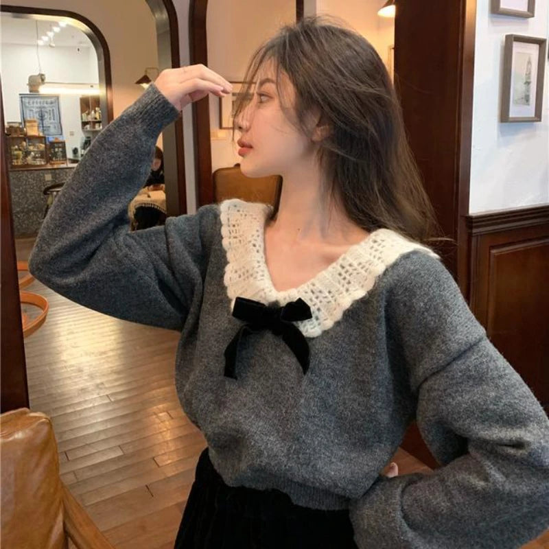 Aiertu  Korean Style Sweaters Women Kawaii Sweet Pullovers Grey Bow Knited Crop Tops Vintage Patchwork Sweater Autumn Winter Aiertu