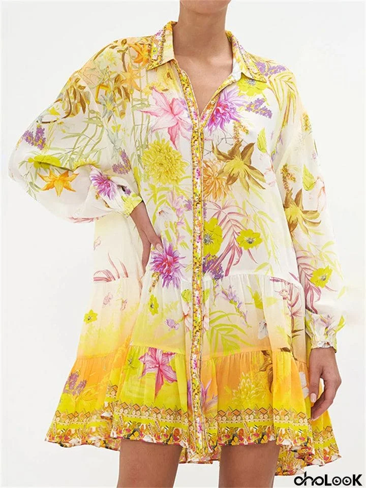 Women's Lapel Long Sleeve Floral Chiffon Dress