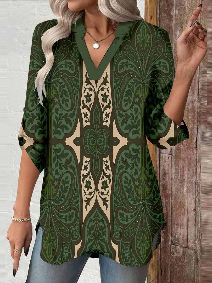 Women Tropical, Green, Khaki DZGA0152 3/4 Sleeve V-neck Printed Graphic Button Tops