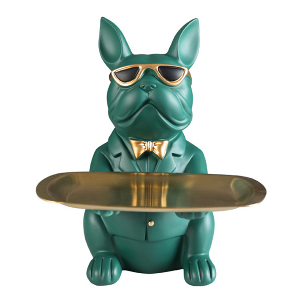 Resin Sculpture Bulldog Figurine Storage Tray Coin Bank Art Statue (Green)