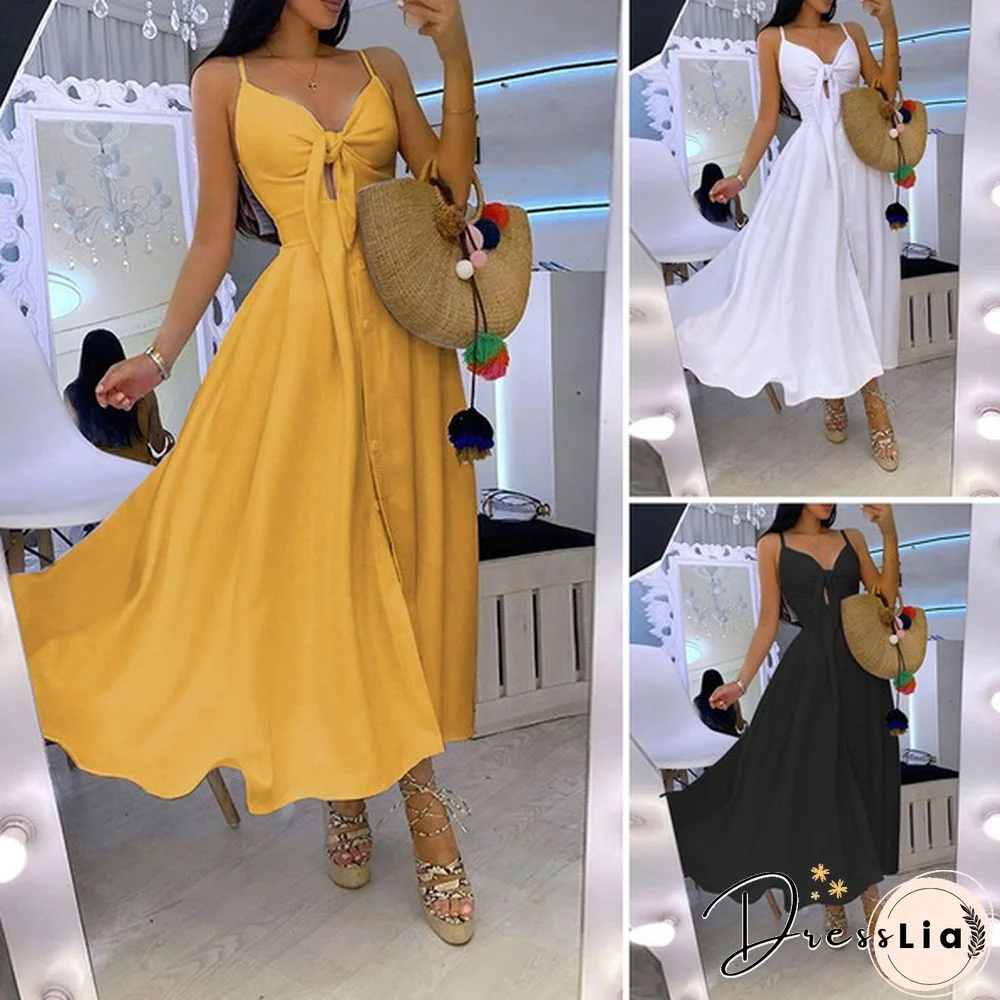 Summer Women's Sleeveless Sexy Deep-V Neck Solid Color Maxi Dress Holiday Beach Sundress Plus Size Party Tank Dress