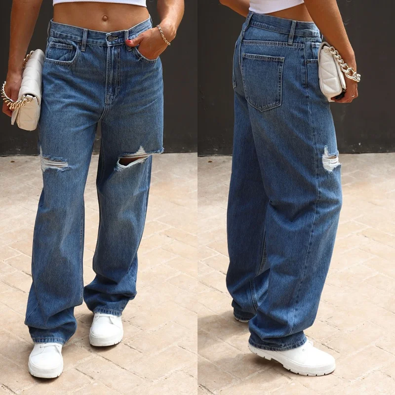 Women's Ripped Jeans Wide-leg Straight Pants Dark Blue Baggy Denim Jeans