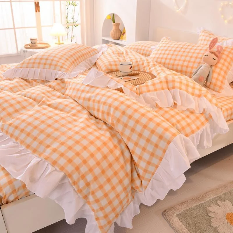 Sweet Orange Plaid Bedding Cute Set SP16669