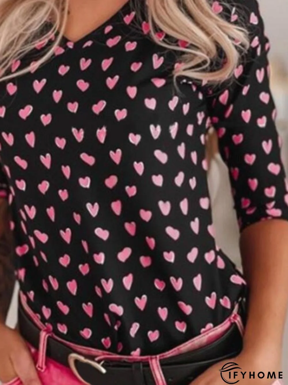 Casual Three Quarter V Neck Printed Top T-shirt | IFYHOME