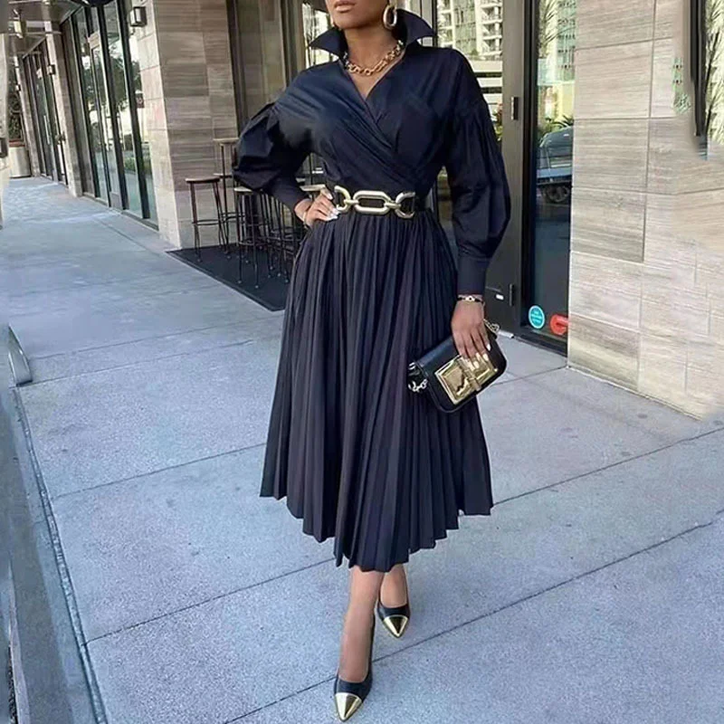 Uveng Uveng 2025 New African Women's Dress Temperament 100-Folded Black Collar Mid-Long Dress